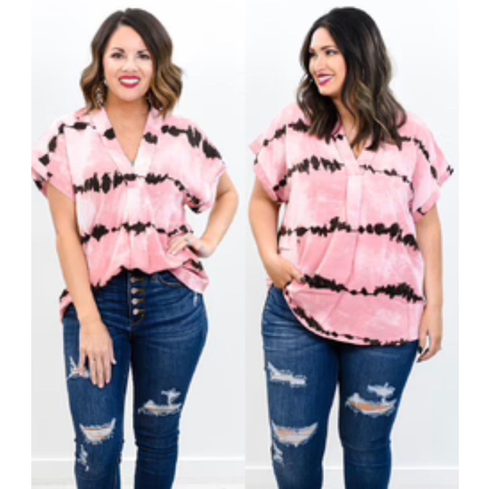 Plus Size 1X Pink Tie Dye Blouse | Flowy V-Neck Short Sleeve Top | Boho Casual